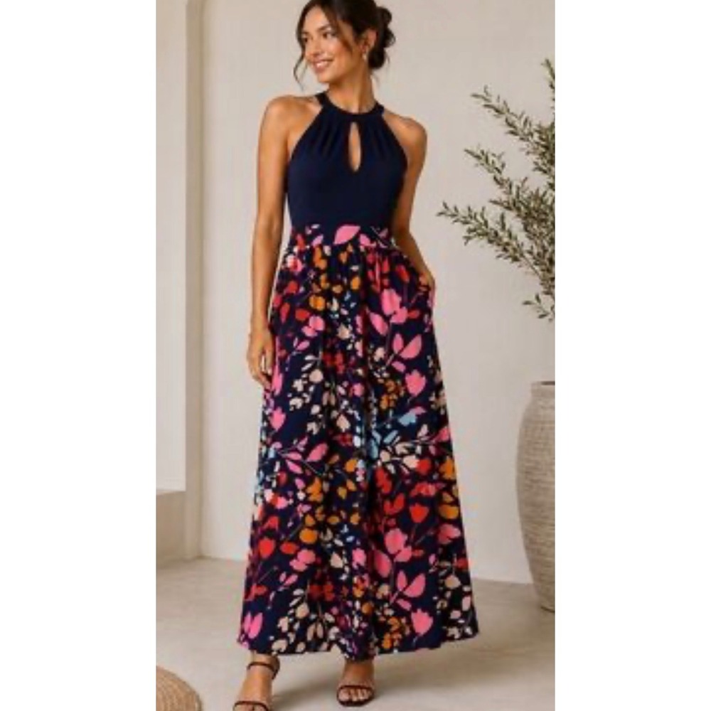 Vince Camuto Maxi Dress Sz 10 Navy Blue Floral Halter Keyhole Boho Garden Floral